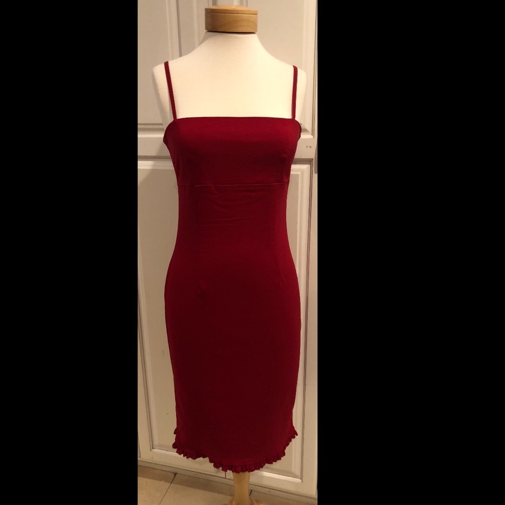 Ruffle Bottom Deep Red Mid length Dress